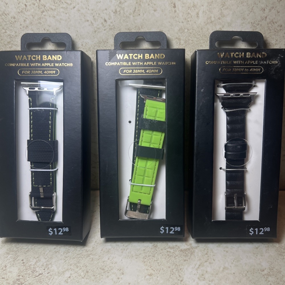New! Lot Of 3 Watch Bands For Apple Watch (38mm To 41mm) Black Silver Clasp NIB